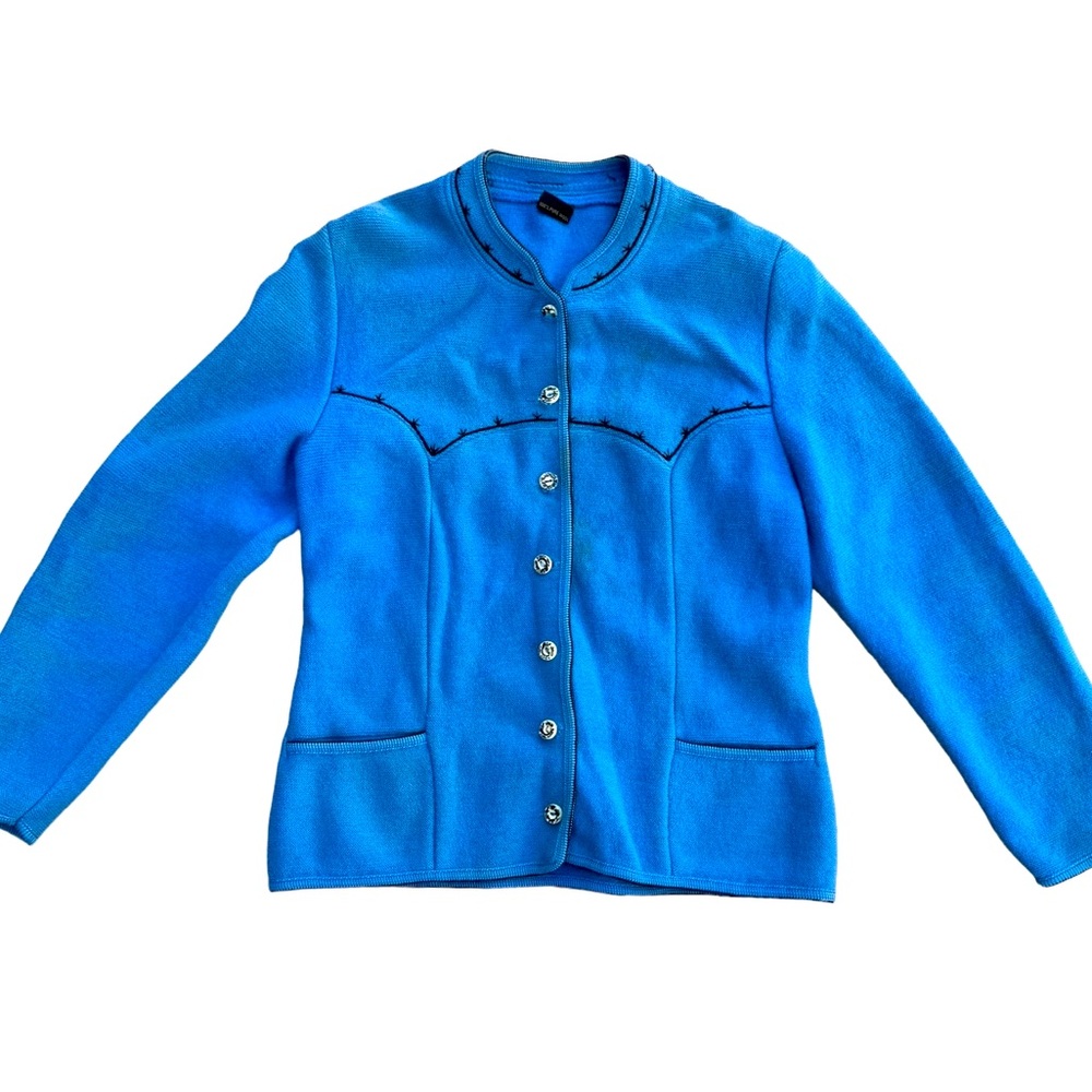 VINTAGE Giesswein Womens Austria Tirol Jacket Blue Boiled Wool Cardigan Blazer